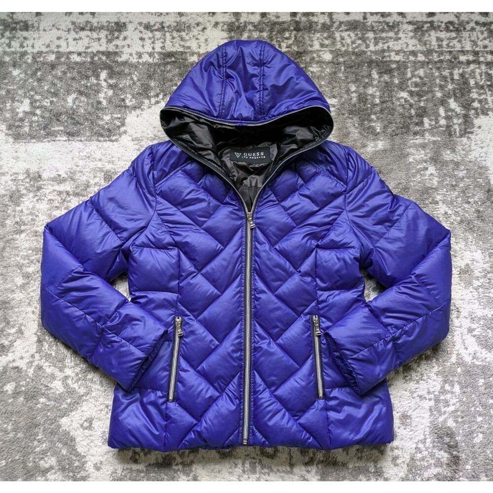 GUESS Women's Quilted Hooded Down Feather Puffer Jacket FULL ZIP, Blue - Large